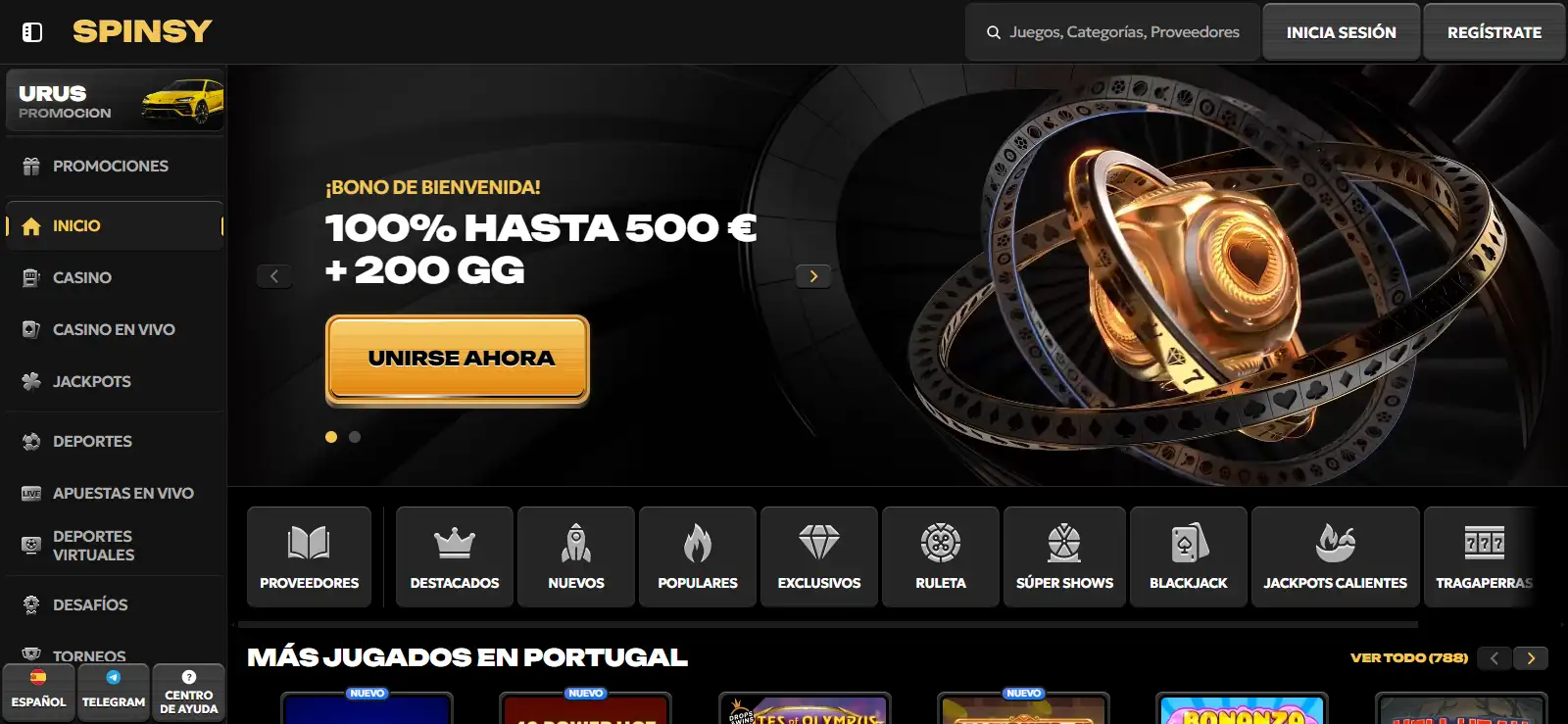 Versión española del sitio de Spinsy con navegación de casino y promociones