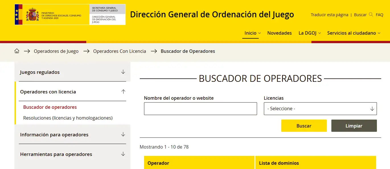 Buscador público de operadores de la DGOJ con el campo de consulta visible